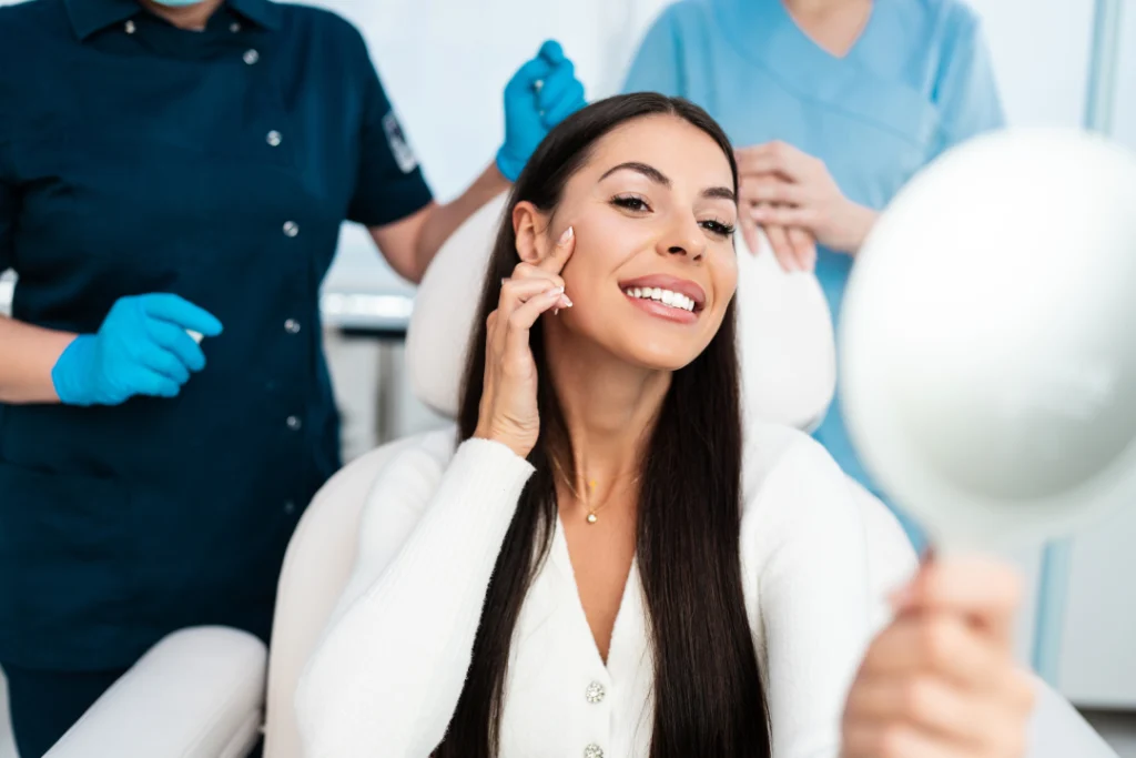 A smiling woman examining her face in a mirror after a dermal filler treatment, with medical professionals in the background.