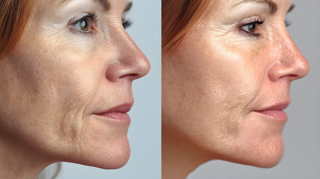 Before and after results of dermal fillers showcasing improved skin texture and reduced wrinkles.