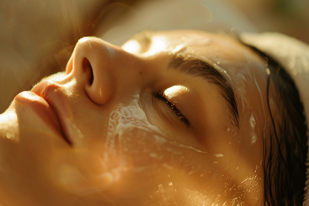 A close-up of a woman receiving a Glo2 Facial, showing the luxurious skincare process in action.