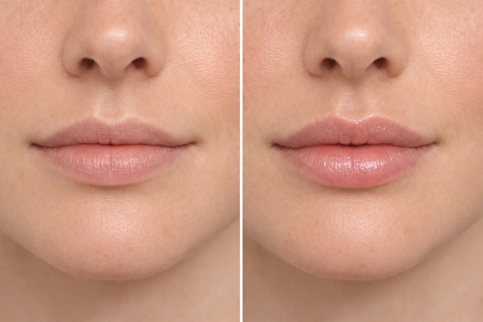 Before and after comparison of lips showing increased volume and smoother texture after lip filler treatment.