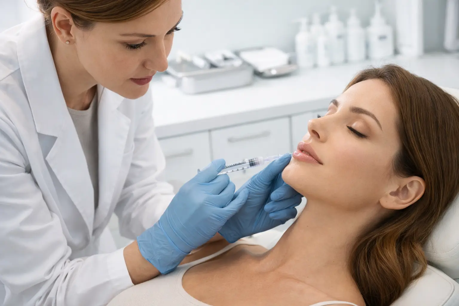 Practitioner administering lip filler injection to patient’s lips in a clinical setting.