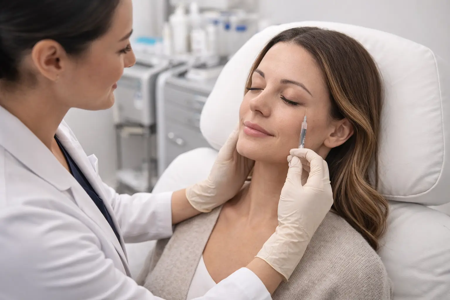 Practitioner administering facial injection treatment to a relaxed patient in a medical spa setting.