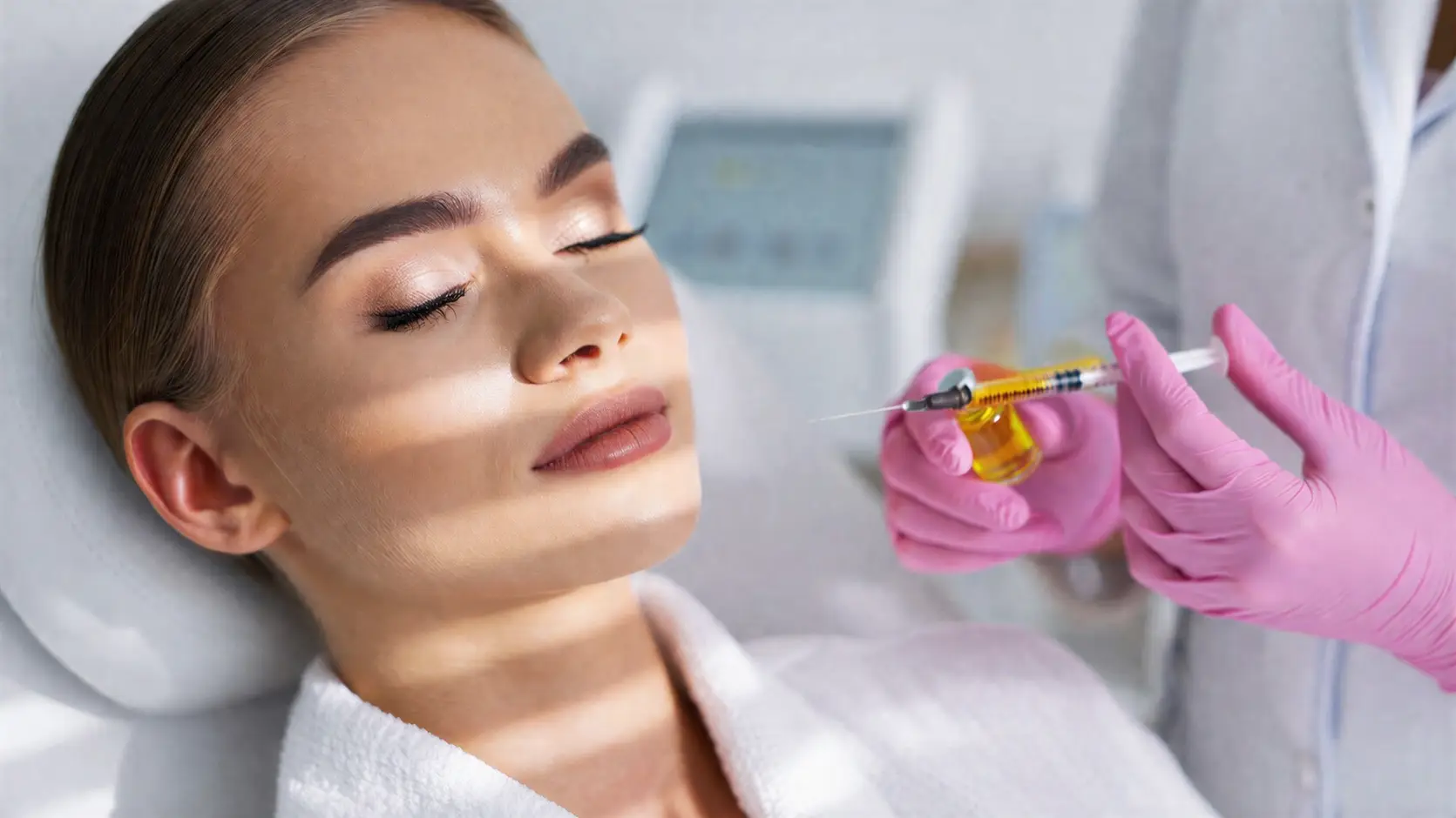 Close-up of practitioner holding syringe near woman's cheek during treatment