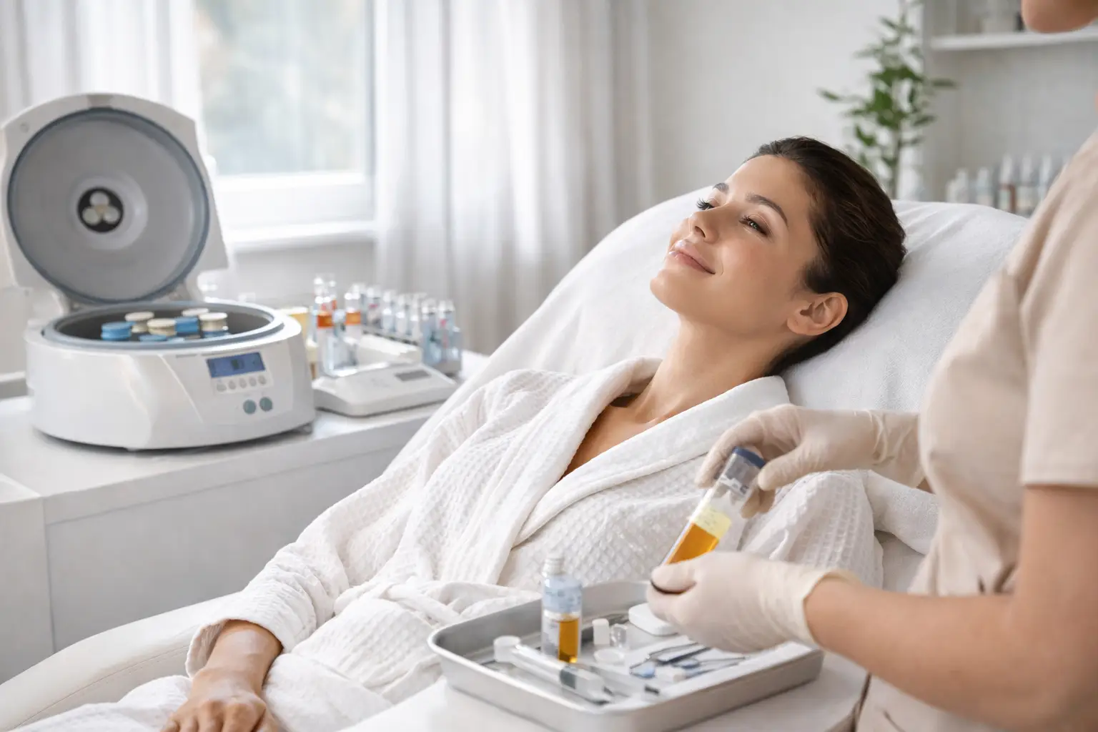 Patient resting while practitioner holds vial with yellow liquid near tray